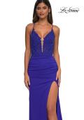 Picture of: Lace and Ruched Jersey Prom Dress with Deep V Neckline in Royal Blue, Style: 33001, Detail Picture 11
