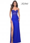 Picture of: Ruched Jersey Skirt with Lace Illusion Top and Rhinestone Prom Dress in Royal Blue, Style: 32011, Detail Picture 12
