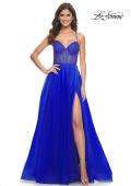 Picture of: A-Line Tulle Gown with High Slit and Illusion Rhinestone Fishnet Bodice in Royal Blue, Style: 32135, Detail Picture 12