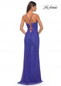 Picture of: Rhinestone Fishnet Gown with Lace Detail and High Slit in Royal Blue, Style: 32218, Detail Picture 13