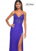 Picture of: Fitted Jersey Dress with Fishnet Rhinestone Illusion Bustier Top in Royal Blue, Style: 32230, Detail Picture 15