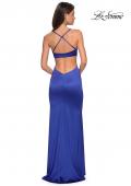 Picture of: Stretch Satin Long Form Fitting Dress with Leg Slit in Royal Blue, Style: 27682, Back Picture