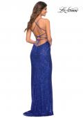 Picture of: Draped Slit Long Sequin Gown with Lace Up Back in Royal Blue, Back Picture