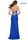 Picture of: Lace Long Dress with Scallop Detail on Skirt Slit in Royal Blue, Style 29939, Back Picture
