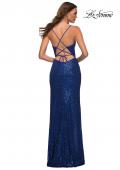Picture of: Sequin Gown with Deep V Neckline and Lace Up Back in Royal Blue, Back Picture