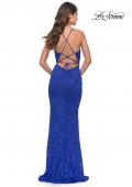 Picture of: Fitted Stretch Lace Prom Dress with Banded Waist in Royal Blue, Style: 31234, Back Picture