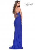 Picture of: Sheer Lace Side Panel Jersey Long Dress in Royal Blue, Style: 31335, Back Picture