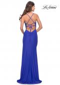 Picture of: Lace Asymmetrical Gown with Jersey Skirt and Twist Knot Detail in Royal Blue, Style: 31520, Back Picture