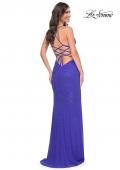 Picture of: Ruched Rhinestone Net Jersey Dress with Lace Up Open Back in Blue, Style: 32318, Back Picture