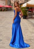 Picture of: Lace and Satin Fitted Gown with High Slit and Spaghetti Straps in Royal Blue, Style: 33325, Back Picture