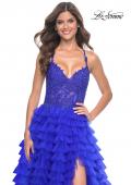 Picture of: Ruffle Tulle Prom Gown with Illusion Lace Bodice and High Slit in Royal Blue, Style: 32128, Detail Picture 20