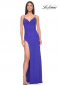Picture of: Net Jersey Ruched Fitted Dress with Illusion and Boning on Back in Royal Blue, Style: 32160, Detail Picture 1