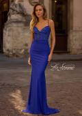 Picture of: Lace and Jersey Dress with Ruched Skirt and V Neckline in Royal Blue, Style 32217, Detail Picture 1