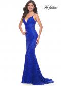 Picture of: Beaded Lace Mermaid Gown with Sheer Side Panels in Royal Blue, Style: 32309, Detail Picture 1