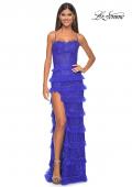 Picture of: Fitted Ruffle Skirt Lace Dress with Illusion Bodice in Royal Blue, Style: 32442, Detail Picture 1
