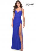 Picture of: Ruched Deep V Dress with Trendy High Slit in Royal Blue, Style: 31127, Style: 31127