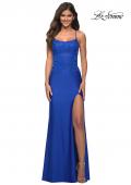 Picture of: Jeweled Lace and Jersey Long Prom Dress with Low Back in Royal Blue, Detail Picture 3