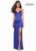 Picture of: Stretch Satin Long Form Fitting Dress with Leg Slit in Royal Blue, Style: 27682, Detail Picture 4