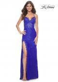 Picture of: Scallop Detail Lace Fitted Prom Dress with Illusion Bodice in Royal Blue, Style: 32080, Detail Picture 4