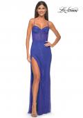 Picture of: Fishnet Rhinestone Fitted Dress with Bustier Top and High Neckline in Royal Blue, Style: 32446, Detail Picture 5