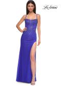 Picture of: Fitted Net Dress with Rhinestones and U Slit in Royal Blue, Style 32840, Detail Picture 5