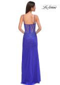 Picture of: Fitted Net Dress with Rhinestones and U Slit in Royal Blue, Style 32840, Detail Picture 6