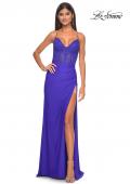 Picture of: Fitted Jersey Dress with Fishnet Rhinestone Illusion Bustier Top in Royal Blue, Style: 32230, Detail Picture 7