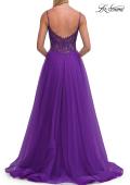 Picture of: Rhinestone Lace A-Line Gown with Sheer Bodice and Slit in Royal Purple, Style: 33674, Detail Picture 8