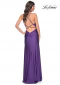 Picture of: Rhinestone Jersey Dress with Slit and Ruching in Purple, Style: 32317, Back Picture