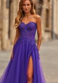 Picture of: Illusion Embroidered Lace Tulle Gown with Slit in Royal Purple, Style: 33551, Detail Picture 1
