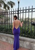 Picture of: Fitted Jersey Gown with Open Back and Ruching in Royal Purple, Style: 33644, Detail Picture 4