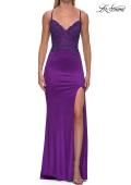 Picture of: Rhinestone Lace Bodice Gown with Slit and Lace-Up Back in Royal Purple, Style: 33498, Detail Picture 7