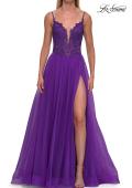 Picture of: Rhinestone Lace A-Line Gown with Sheer Bodice and Slit in Royal Purple, Style: 33674, Detail Picture 7