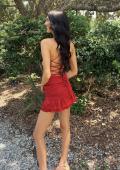 Picture of: Satin Ruffle Hem Lace-Up Mini Dress in Ruby, Style 34149, Detail Picture 9