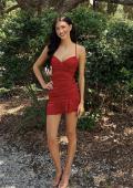 Picture of: Satin Ruffle Hem Lace-Up Mini Dress in Ruby, Style 34149, Detail Picture 10