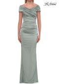 Picture of: Off-the-Shoulder Ruched Satin Evening Gown in Sage, Style: 33620, Detail Picture 5