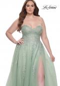 Picture of: Strapless Lace and Tulle A-Line Plus Gown with Tie Back in Sage, Style: 31570, Detail Picture 9