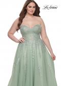Picture of: Strapless Lace and Tulle A-Line Plus Gown with Tie Back in Sage, Style: 31570, Detail Picture 10