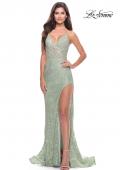 Picture of: Rhinestone Lace Embellished Prom Dress with High Side Slit in Sage, Style: 31288, Main Picture