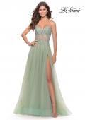Picture of: Rhinestone Tulle Gown with Sheer Lace Bodice in Sage, Style: 31367, Main Picture