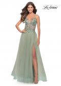 Picture of: Tulle A-Line Gown with Sheer Bodice and Beaded Lace Detail in Sage, Style: 31369, Main Picture