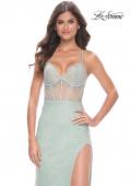 Picture of: Rhinestone Embellished Fitted Dress with Illusion Bustier Top in Sage, Style: 32435, Main Picture