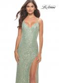 Picture of: Beaded Lace Gown with High Slit and V Neck in Sage, Style: 31388, Detail Picture 8