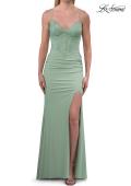 Picture of: Lace Bodice Fitted Gown with Slit and Open Crisscross Back in Sage, Style: 33386, Detail Picture 8