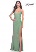 Picture of: Sheer Lace Side Panel Jersey Long Dress in Sage, Style: 31335, Detail Picture 9