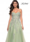 Picture of: Lace Up A-Line Dress with Ruched Bodice and Sweetheart Top in Green, Style: 32084, Detail Picture 9