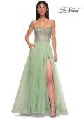 Picture of: Rhinestone Embellished Corset with Lace Up Back and Tulle Skirt in Sage , Style 32703, Detail Picture 9