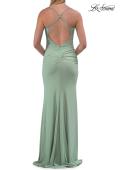 Picture of: Lace Bodice Fitted Gown with Slit and Open Crisscross Back in Sage, Style: 33386, Detail Picture 9