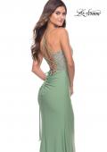 Picture of: Sheer Lace Side Panel Jersey Long Dress in Sage, Style: 31335, Detail Picture 10