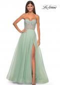 Picture of: Neon A-Line Tulle Prom Dress with Rhinestone Fishnet Bodice in Sage, Style: 32445, Detail Picture 10